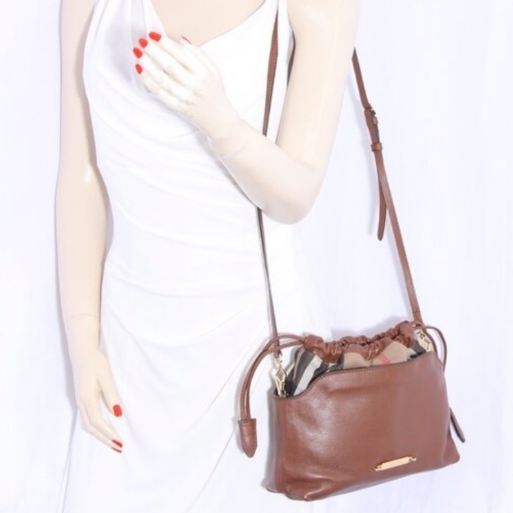 BURBERRY Little Crush Brown Leather/Signature Check Canvas Crossbody Bag